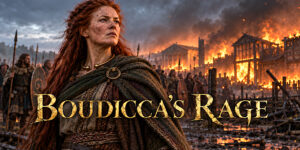 Imagined reconstruction of Boudica overlooking a burning Roman settlement.