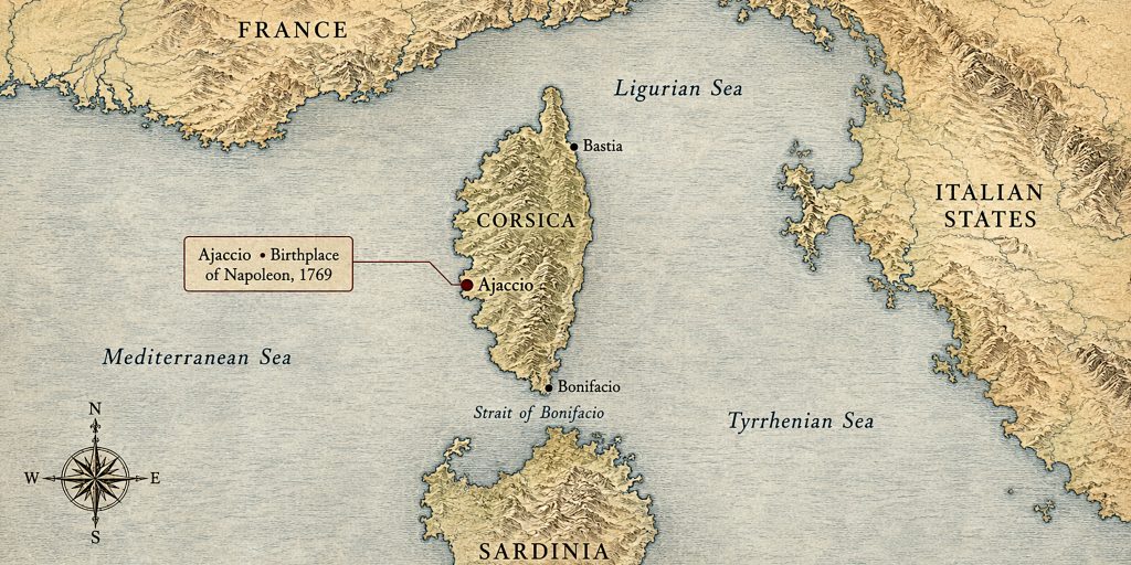 Corsica - Map showing Napoleons birthplace in Ajaccio