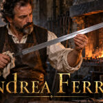 Imagined reconstruction of Andrea Ferrara examining a sword blade in a Renaissance Italian forge, with gold title lettering.