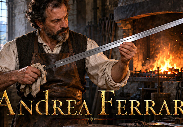 Imagined reconstruction of Andrea Ferrara examining a sword blade in a Renaissance Italian forge, with gold title lettering.