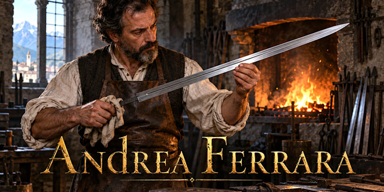 Imagined reconstruction of Andrea Ferrara examining a sword blade in a Renaissance Italian forge, with gold title lettering.