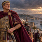 Historical reconstruction of Constantine the Great overlooking the Bosporus with late Roman soldiers and a Chi-Rho standard.