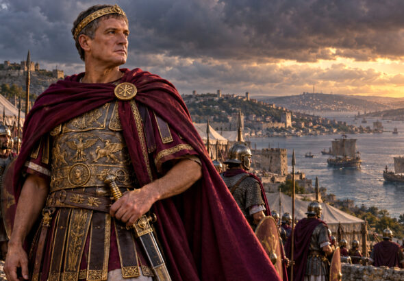 Historical reconstruction of Constantine the Great overlooking the Bosporus with late Roman soldiers and a Chi-Rho standard.