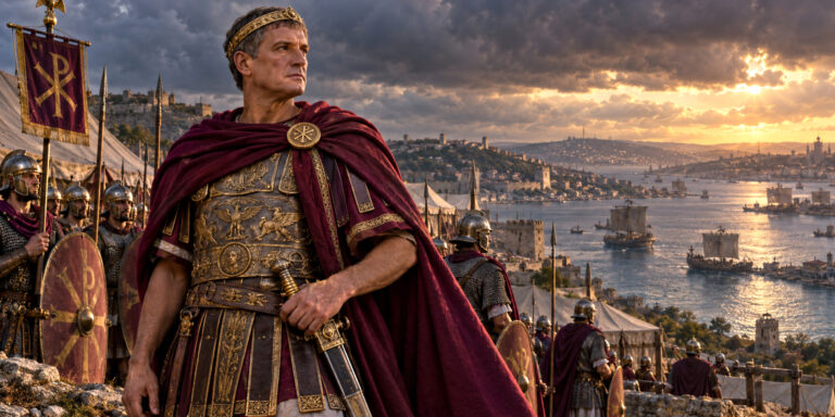 Historical reconstruction of Constantine the Great overlooking the Bosporus with late Roman soldiers and a Chi-Rho standard.