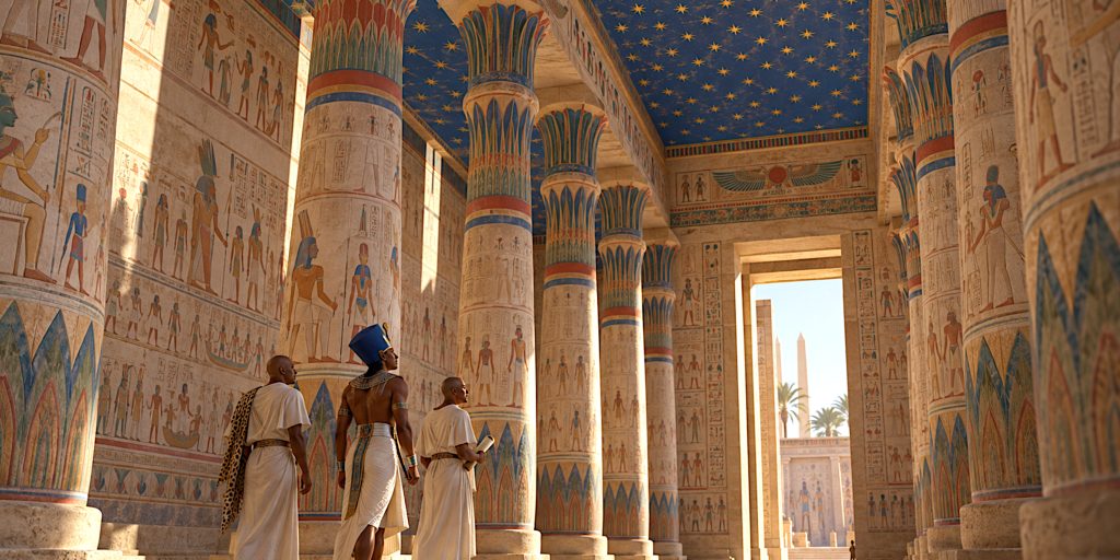 Karnak: Thutmose III inspecting a richly painted temple hall.