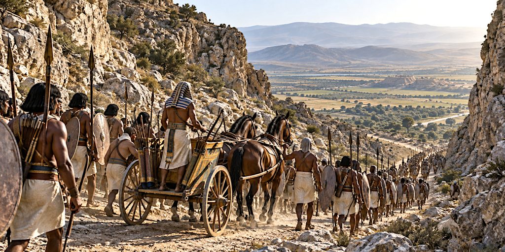 Megiddo: Egyptian troops advancing through the Aruna pass.