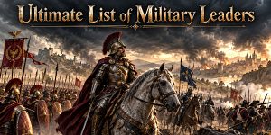 An armoured commander overlooks a vast battlefield, with troops from different historical eras.