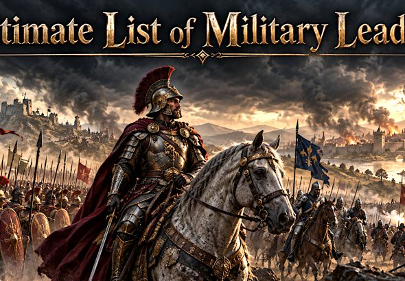 An armoured commander overlooks a vast battlefield, with troops from different historical eras.