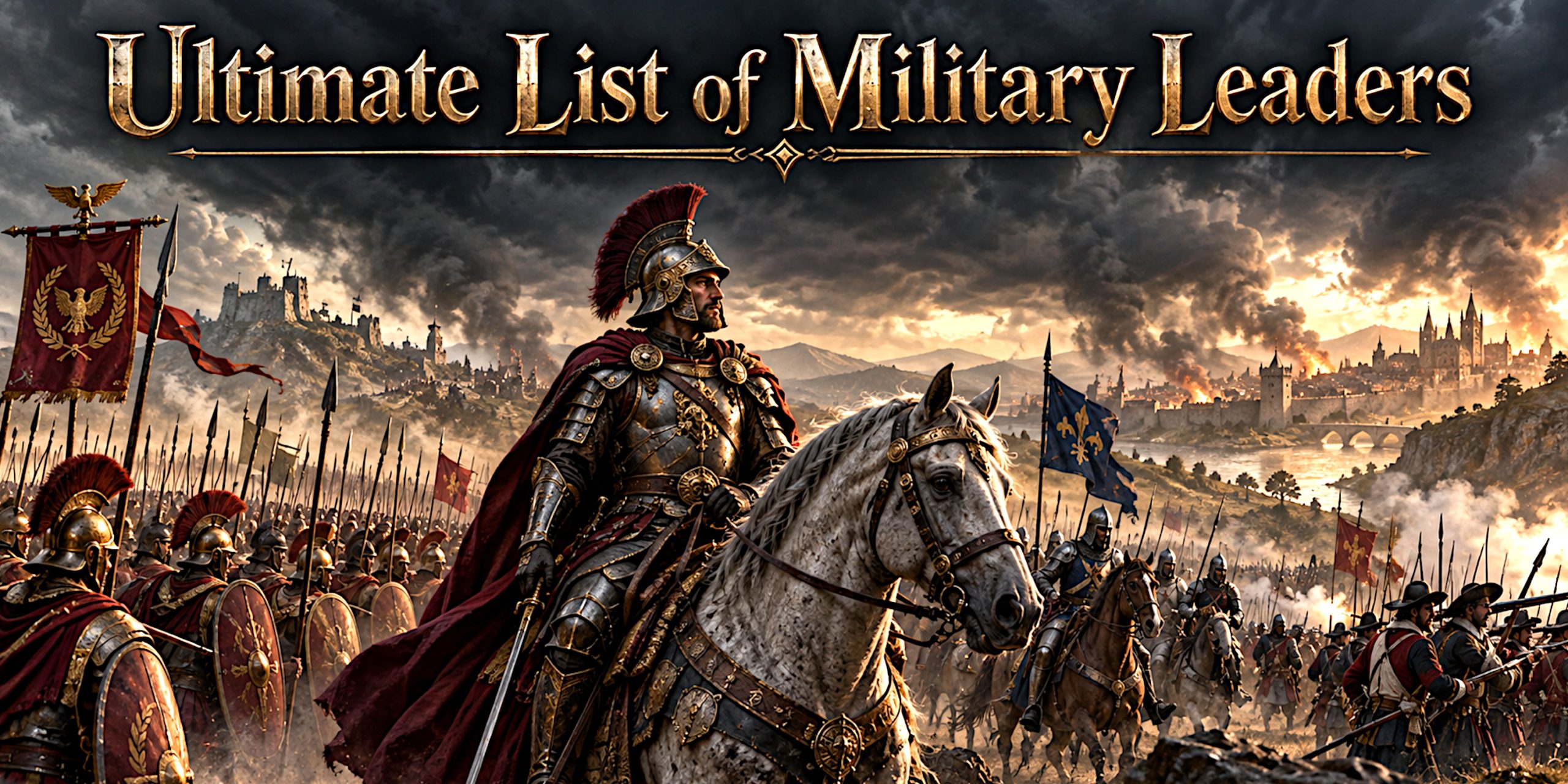 An armoured commander overlooks a vast battlefield, with troops from different historical eras.