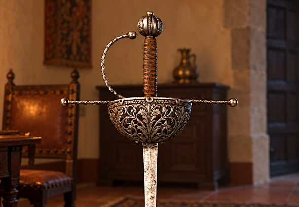 An illustrative reconstruction of a seventeenth-century cup-hilt rapier, showing its protective steel guard, wire-bound grip and long, pointed blade.