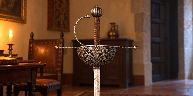 An illustrative reconstruction of a seventeenth-century cup-hilt rapier, showing its protective steel guard, wire-bound grip and long, pointed blade.