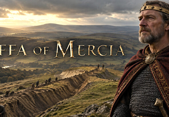Image caption: An imagined reconstruction of Offa overlooking the Mercian borderlands. His appearance and equipment are interpretive rather than a documented likeness.