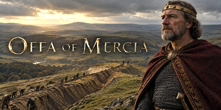 Image caption: An imagined reconstruction of Offa overlooking the Mercian borderlands. His appearance and equipment are interpretive rather than a documented likeness.