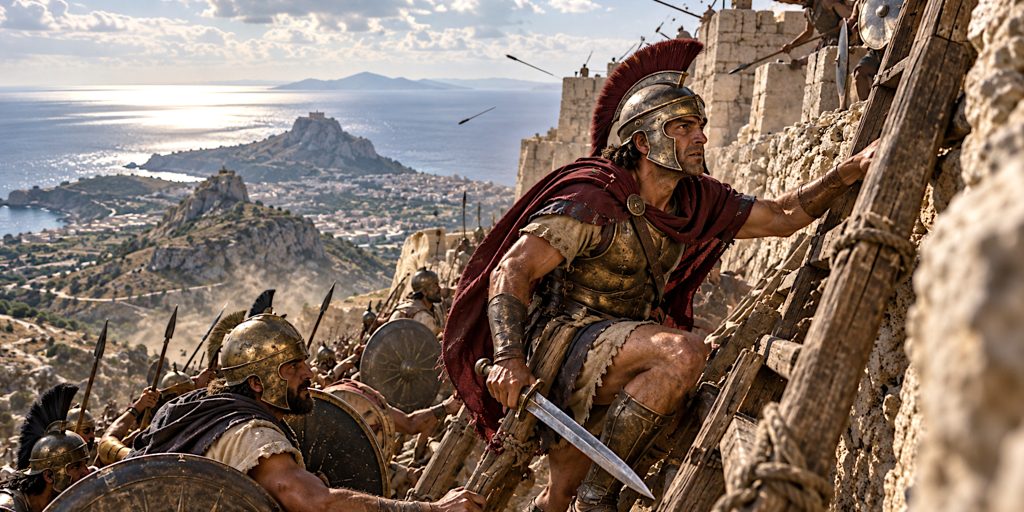 Pyrrhus climbs Eryx's ancient walls