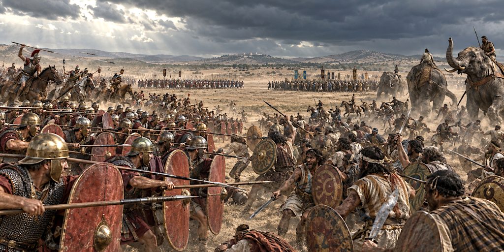 Ilipa’s decisive phase, showing the Roman wing attack, cavalry action and disrupted Carthaginian elephants