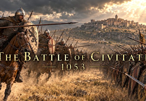 An artistic reconstruction of the Battle of Civitate, showing equipment appropriate to the eleventh century.