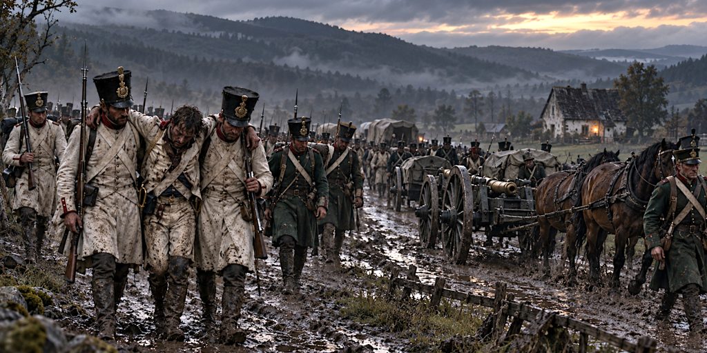 Coalition troops retreating towards Bohemia