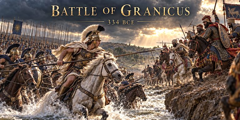 Alexander leads Macedonian cavalry through the Granicus towards Persian horsemen, beneath gold Battle of Granicus 334 BCE lettering.