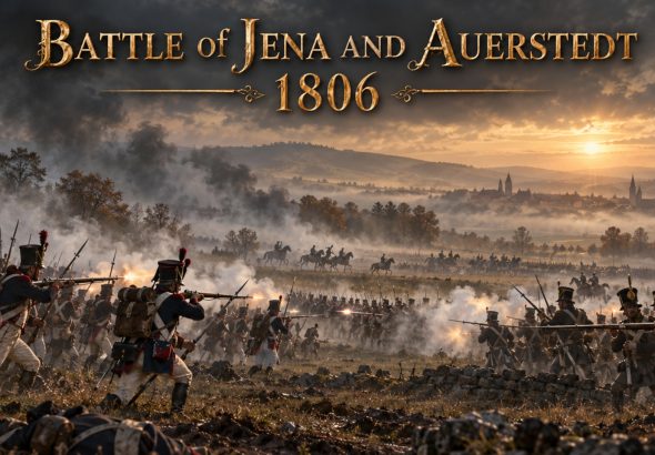 French and Prussian-Saxon troops fight through morning fog at the Battle of Jena and Auerstedt in 1806.