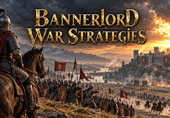Mounted commander overlooking infantry, archers and a fortress siege beneath storm clouds.