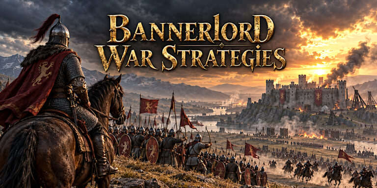Mounted commander overlooking infantry, archers and a fortress siege beneath storm clouds.