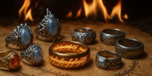 Rings of Power - Various Elven Dwarven and Human Rings arranged around the One Ring