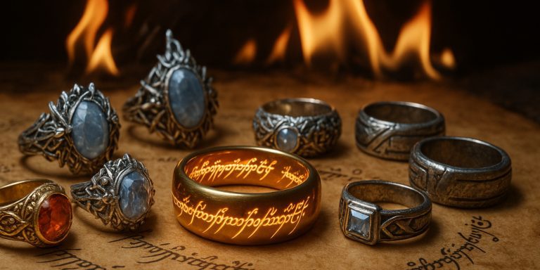 Rings of Power - Various Elven Dwarven and Human Rings arranged around the One Ring