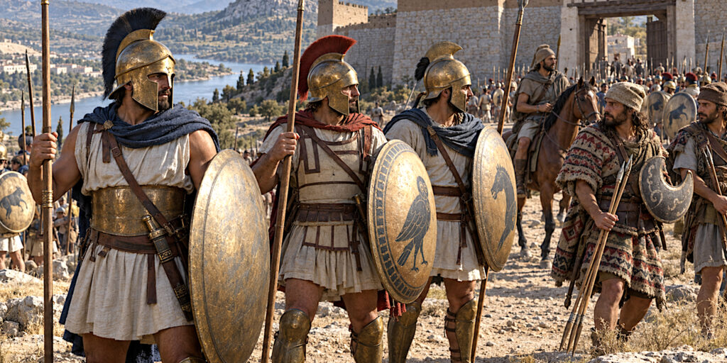 Greek hoplites, Thracian peltasts and cavalry assembling outside Amphipolis.