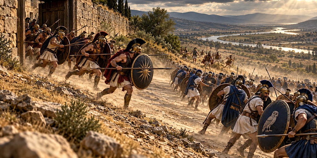 Brasidas’ troops attacking the withdrawing Athenian column.