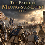 Historical reconstruction of Joan of Arc and French troops approaching the fortified bridge at Meung-sur-Loire in 1429.