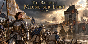 Historical reconstruction of Joan of Arc and French troops approaching the fortified bridge at Meung-sur-Loire in 1429.