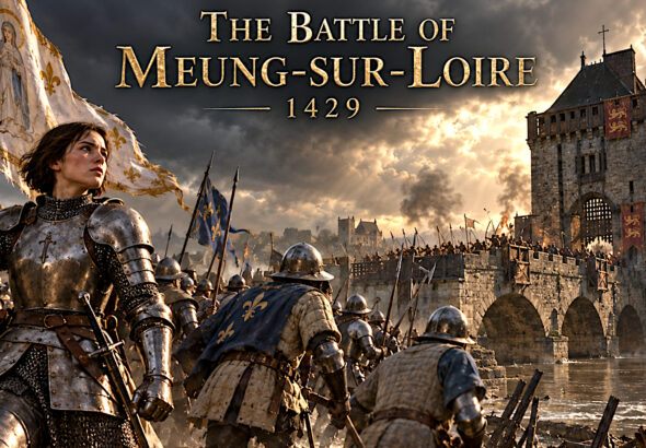 Historical reconstruction of Joan of Arc and French troops approaching the fortified bridge at Meung-sur-Loire in 1429.