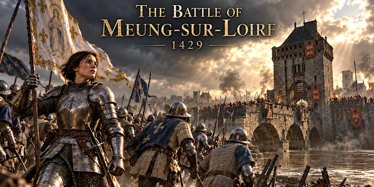 Historical reconstruction of Joan of Arc and French troops approaching the fortified bridge at Meung-sur-Loire in 1429.