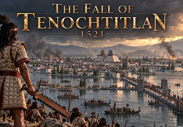 Historical reconstruction of the siege of Tenochtitlan in 1521, showing a Mexica defender, brigantines and the island city.