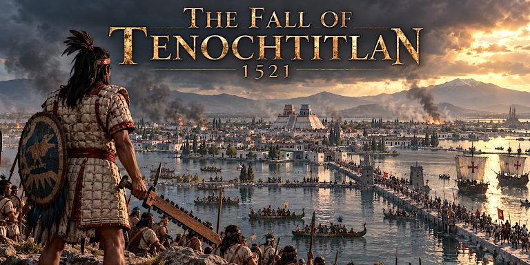 Historical reconstruction of the siege of Tenochtitlan in 1521, showing a Mexica defender, brigantines and the island city.