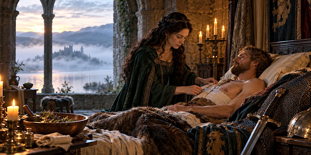 Morgan Le Fay heals Arthur in Avalon