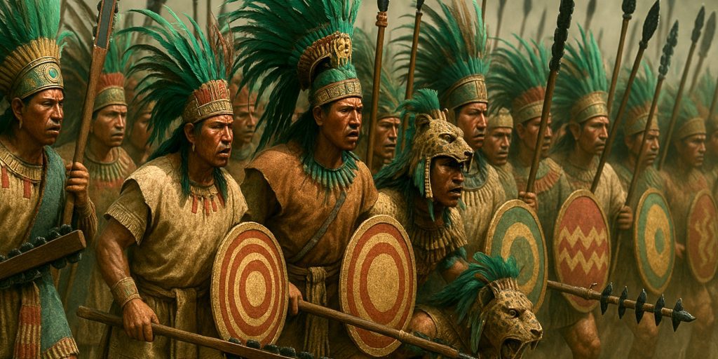 Aztec Warriors in battle: warriars wielding a mix of Macuahuitl and obsidian tiped spears.