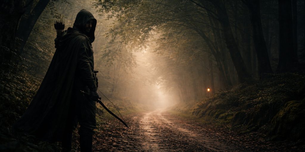 Robin hood awaits on forest road