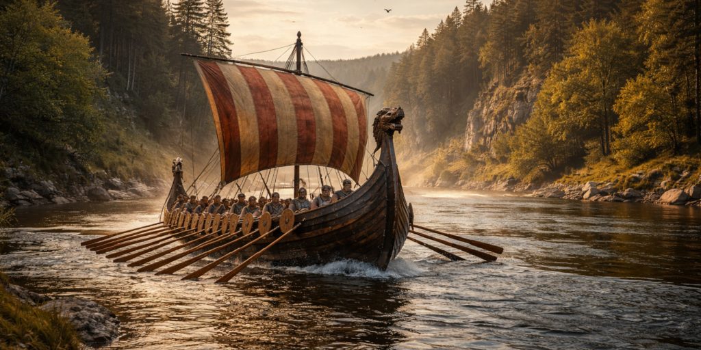 Viking Longship with sail and oars