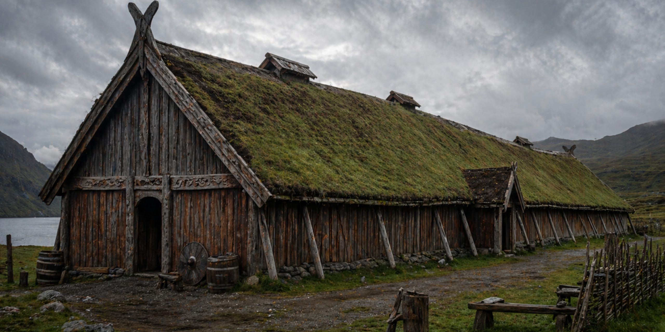 Viking Longhouse with a turf roof