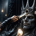 Beren cuts a silmaril from Morgoth who has been sent into a magical sleep by Luthien