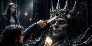 Beren cuts a silmaril from Morgoth who has been sent into a magical sleep by Luthien