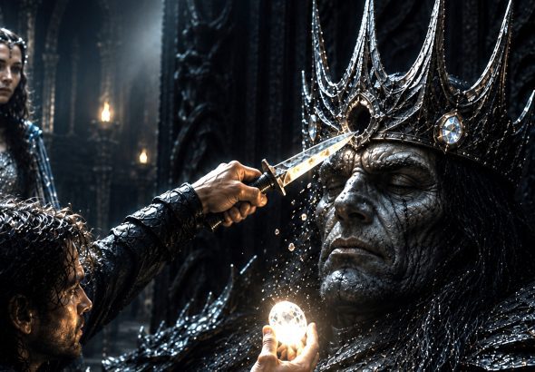 Beren cuts a silmaril from Morgoth who has been sent into a magical sleep by Luthien