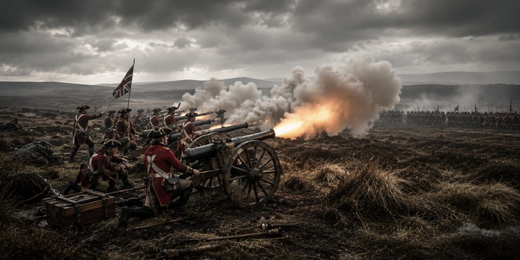 Government field guns pound the Jacobite position