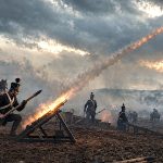 British Royal Horse Artillery rocket troops firing Congreve rockets during the Napoleonic Wars