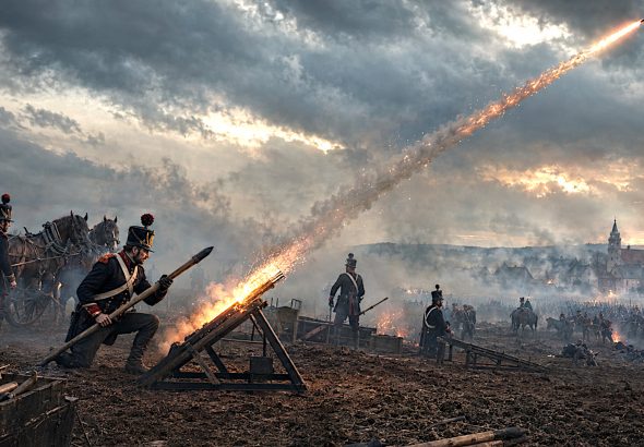 British Royal Horse Artillery rocket troops firing Congreve rockets during the Napoleonic Wars