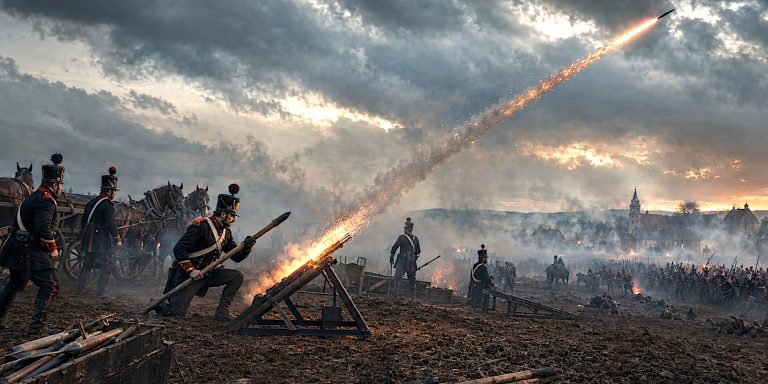 British Royal Horse Artillery rocket troops firing Congreve rockets during the Napoleonic Wars