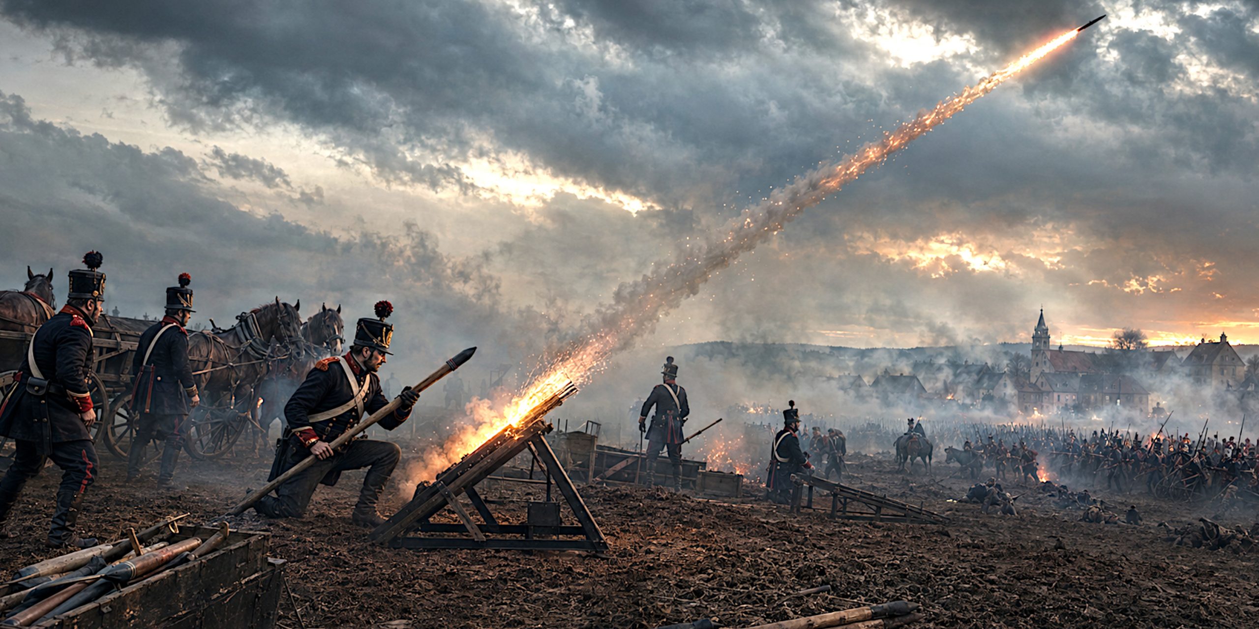 British Royal Horse Artillery rocket troops firing Congreve rockets during the Napoleonic Wars