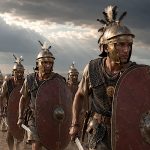 Roman hastati advancing with Republican-era scuta, pila, Montefortino helmets and varied body armour