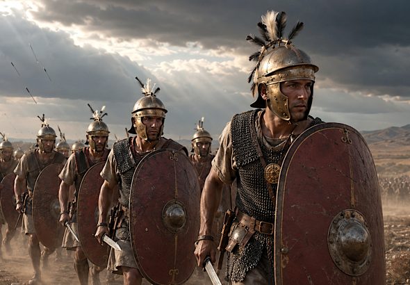 Roman hastati advancing with Republican-era scuta, pila, Montefortino helmets and varied body armour